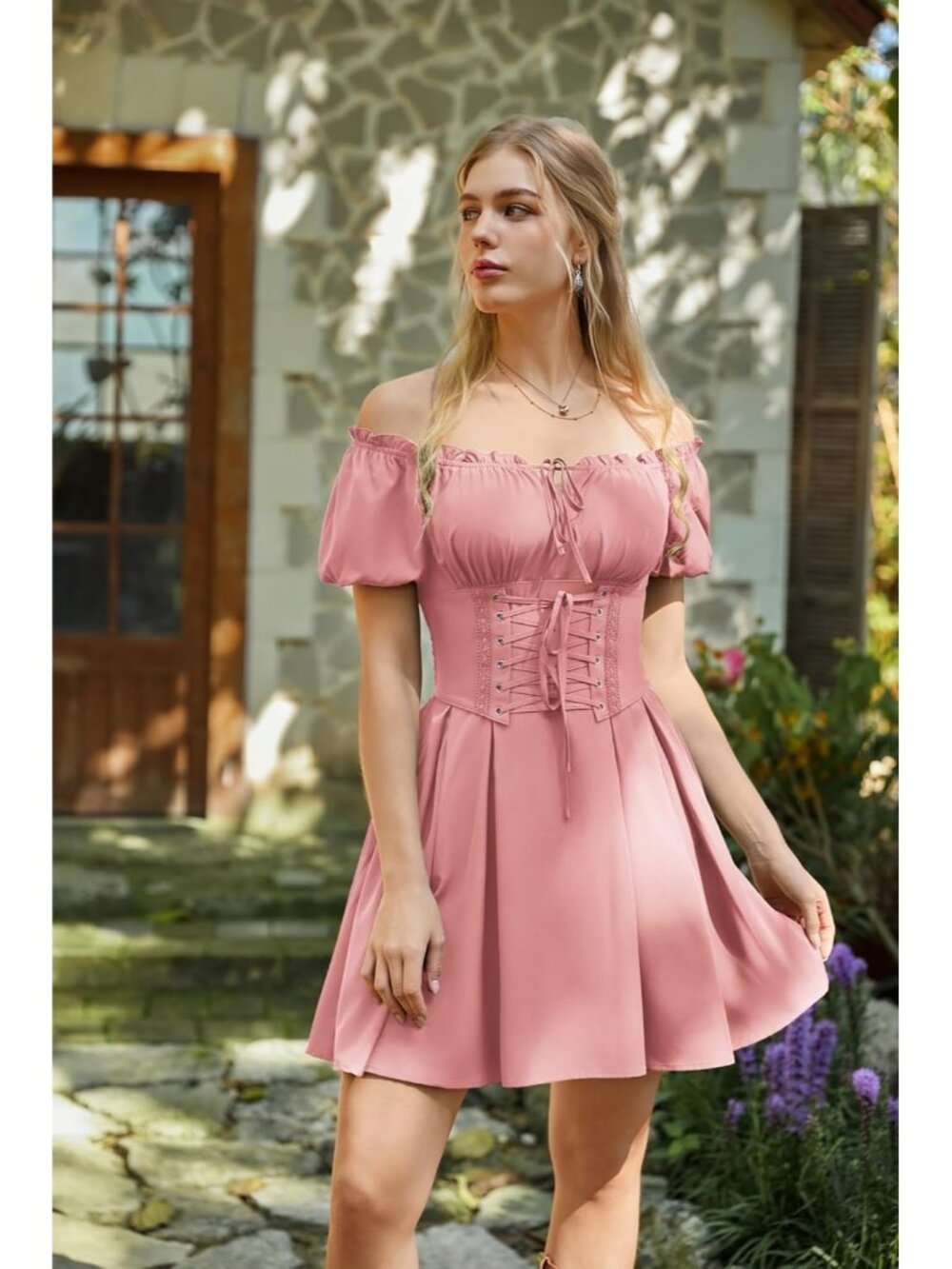 Women's Pink Renaissance Costume Corset Dress Mini Off Shoulder Fairy Dresses - Picture 2 of 6